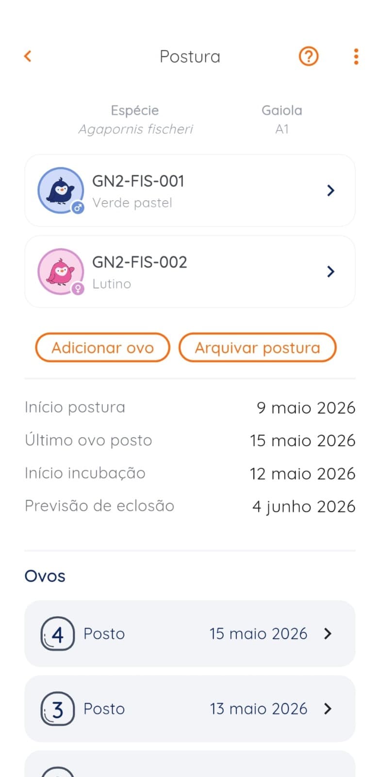 Gudnest app clutch details with egg tracking