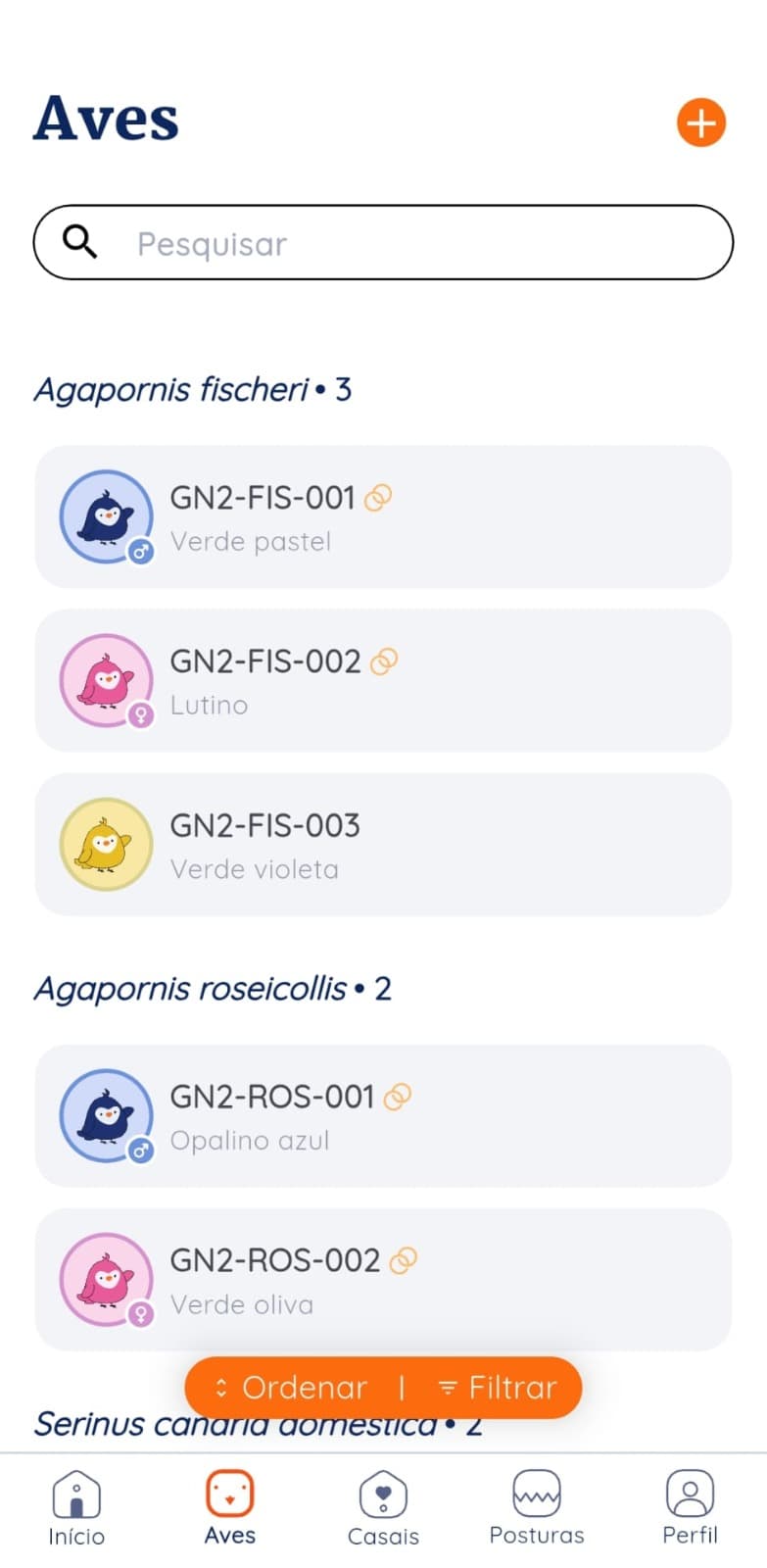 Gudnest app bird list grouped by species